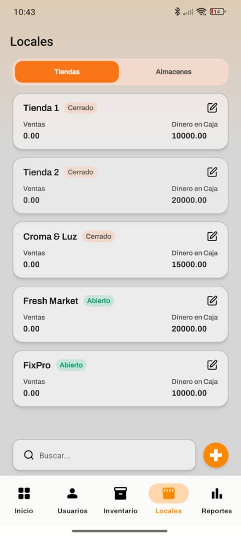 Pantalla de locales con tiendas y almacenes