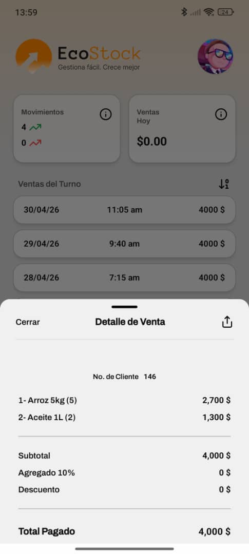 Pantalla de ventas del día con historial de transacciones